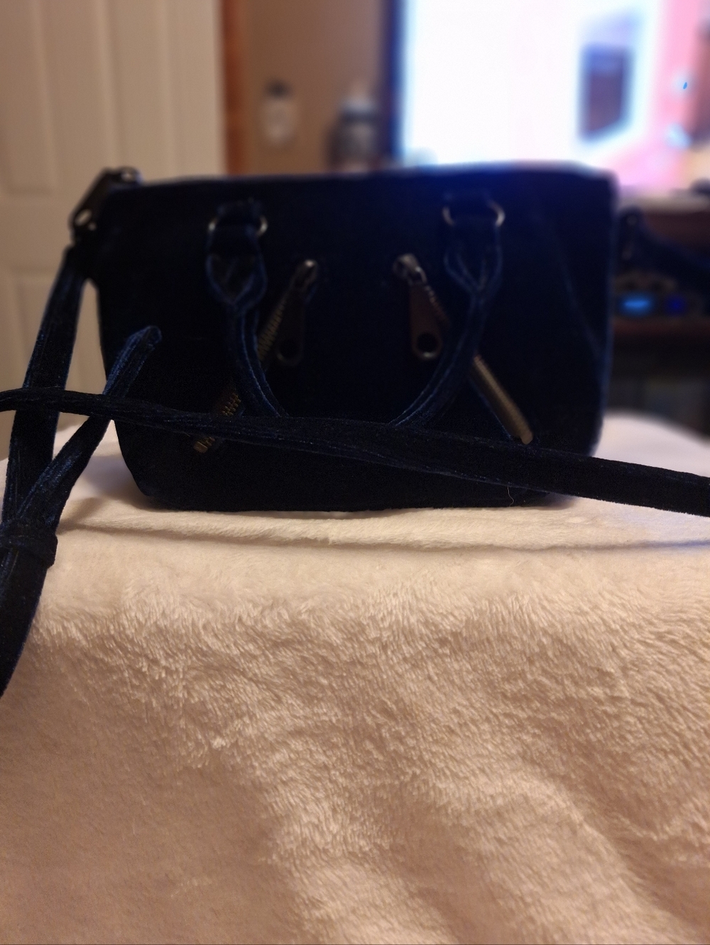 Rebecca Minkoff Micro Moto Velvet Crossbody Bag in Deep Navy Blue